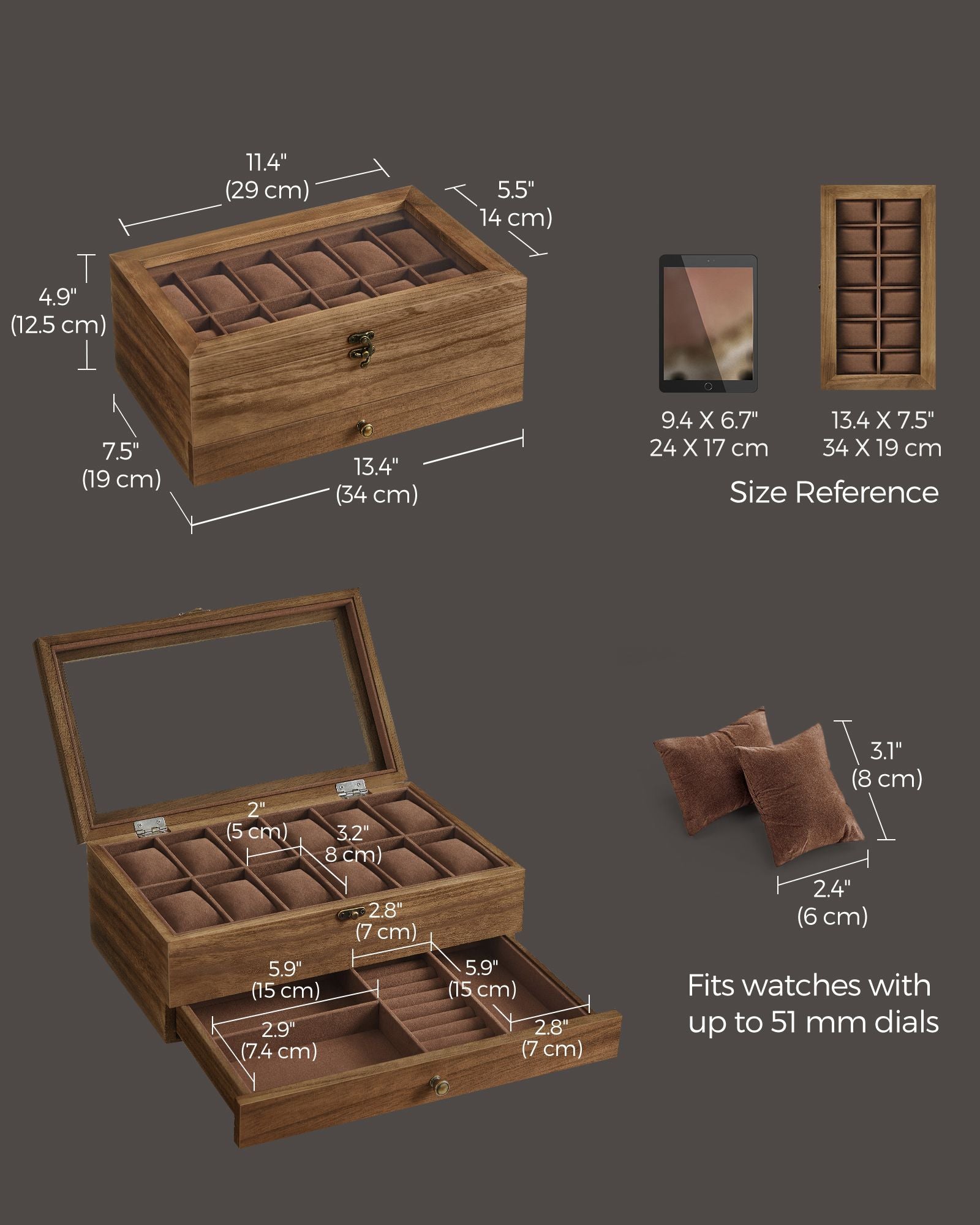 12-Slot Watch Box with Large Glass Lid - HWLEXTRA 