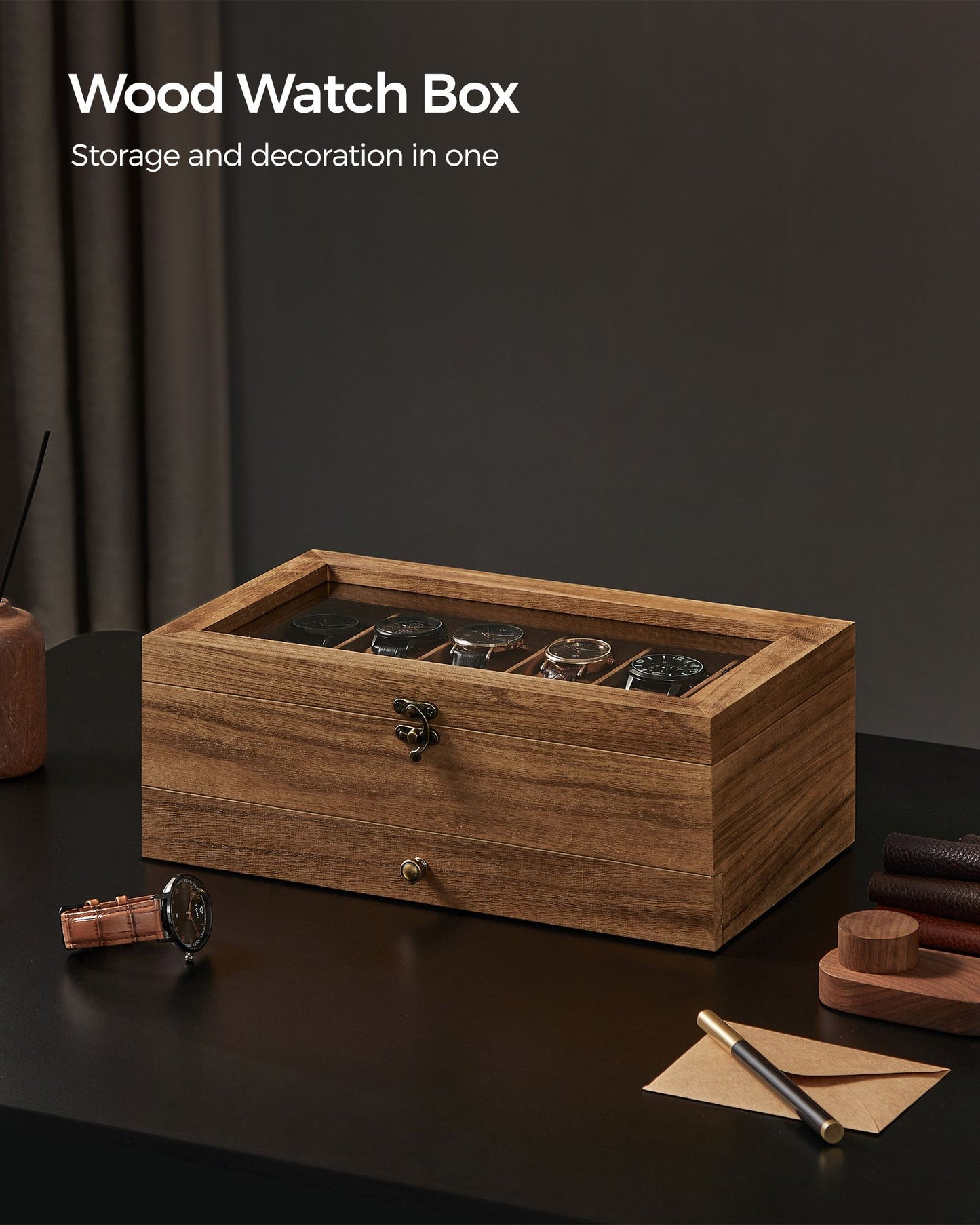 12-Slot Watch Box with Large Glass Lid - HWLEXTRA 