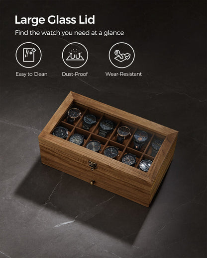 12-Slot Watch Box with Large Glass Lid - HWLEXTRA 