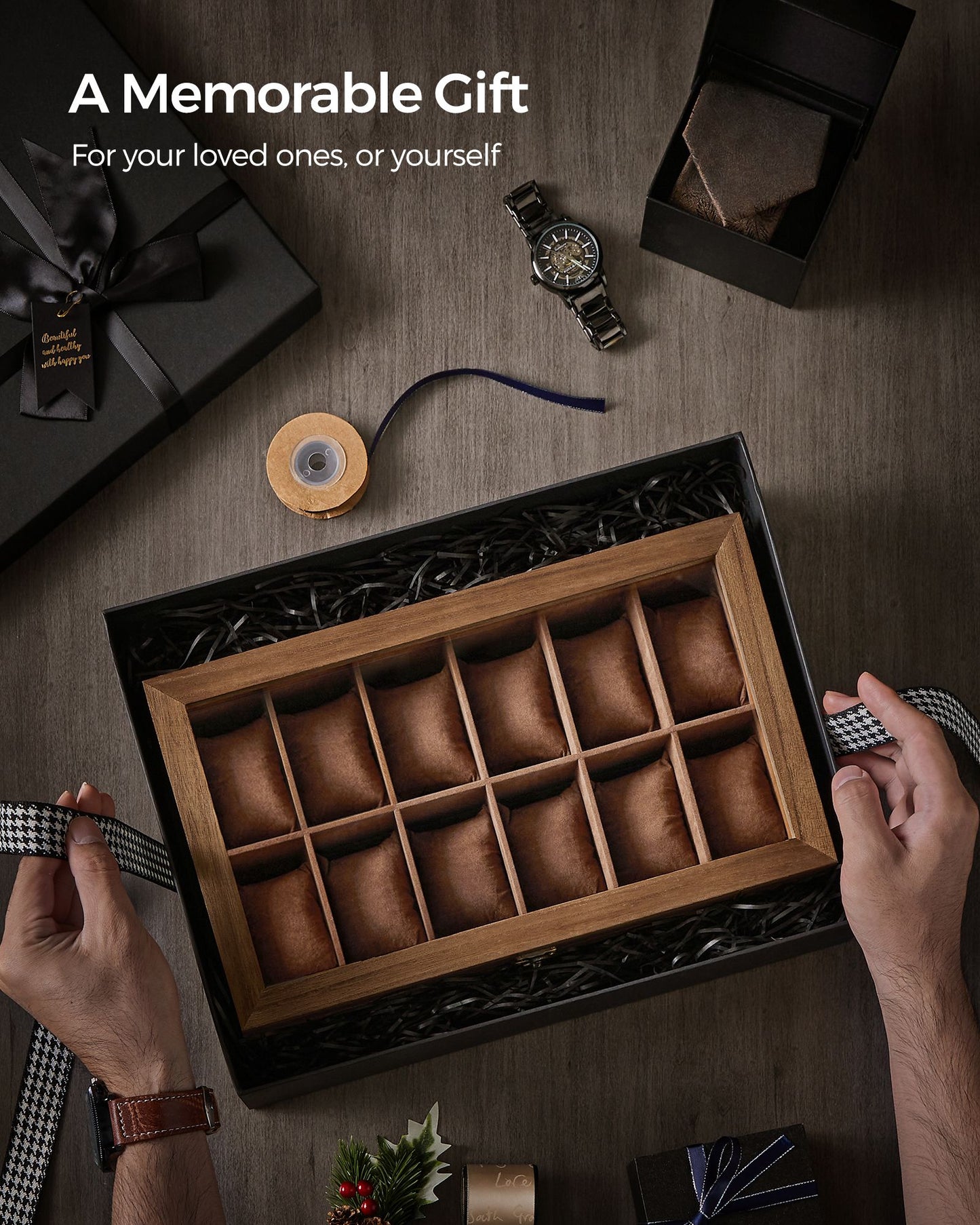 12-Slot Watch Box with Large Glass Lid - HWLEXTRA 
