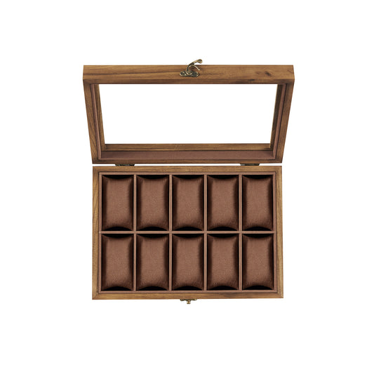 10-Slot Solid Wood Watch Box with Glass Lid - HWLEXTRA 