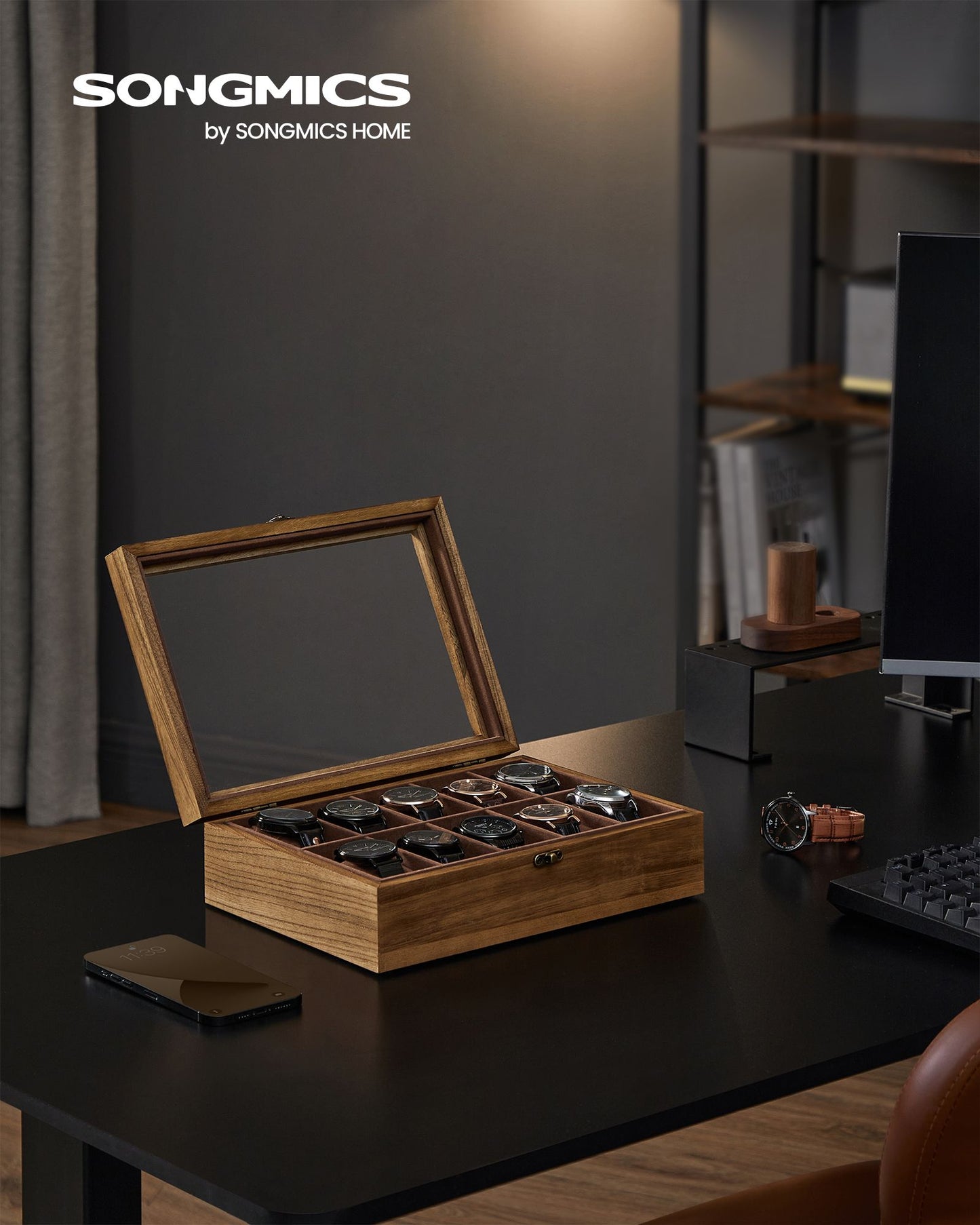 10-Slot Solid Wood Watch Box with Glass Lid - HWLEXTRA 