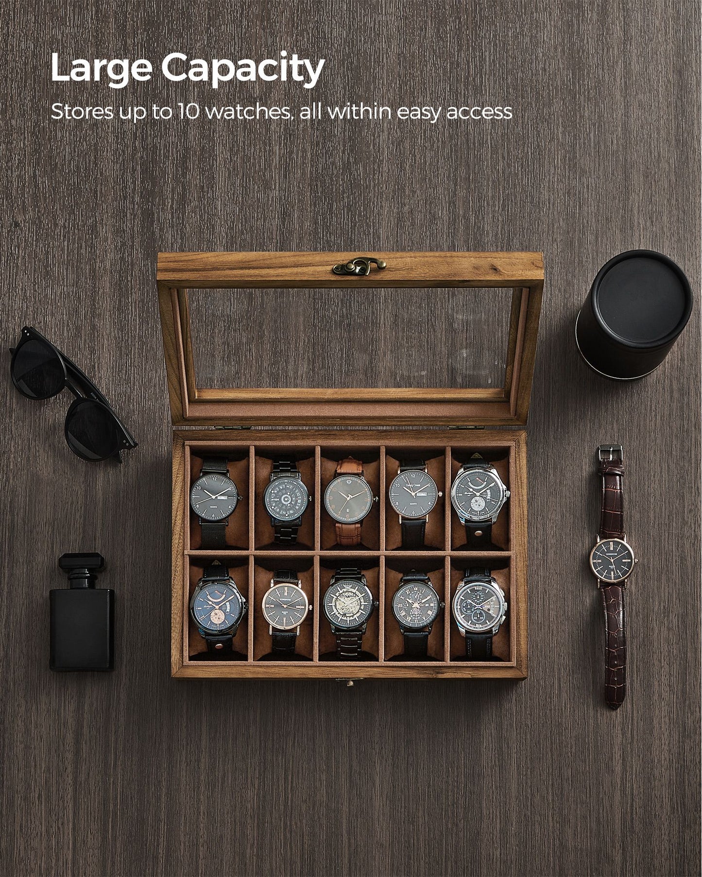 10-Slot Solid Wood Watch Box with Glass Lid - HWLEXTRA 