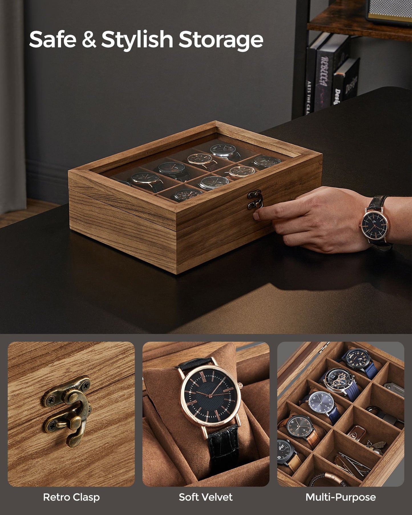 10-Slot Solid Wood Watch Box with Glass Lid - HWLEXTRA 
