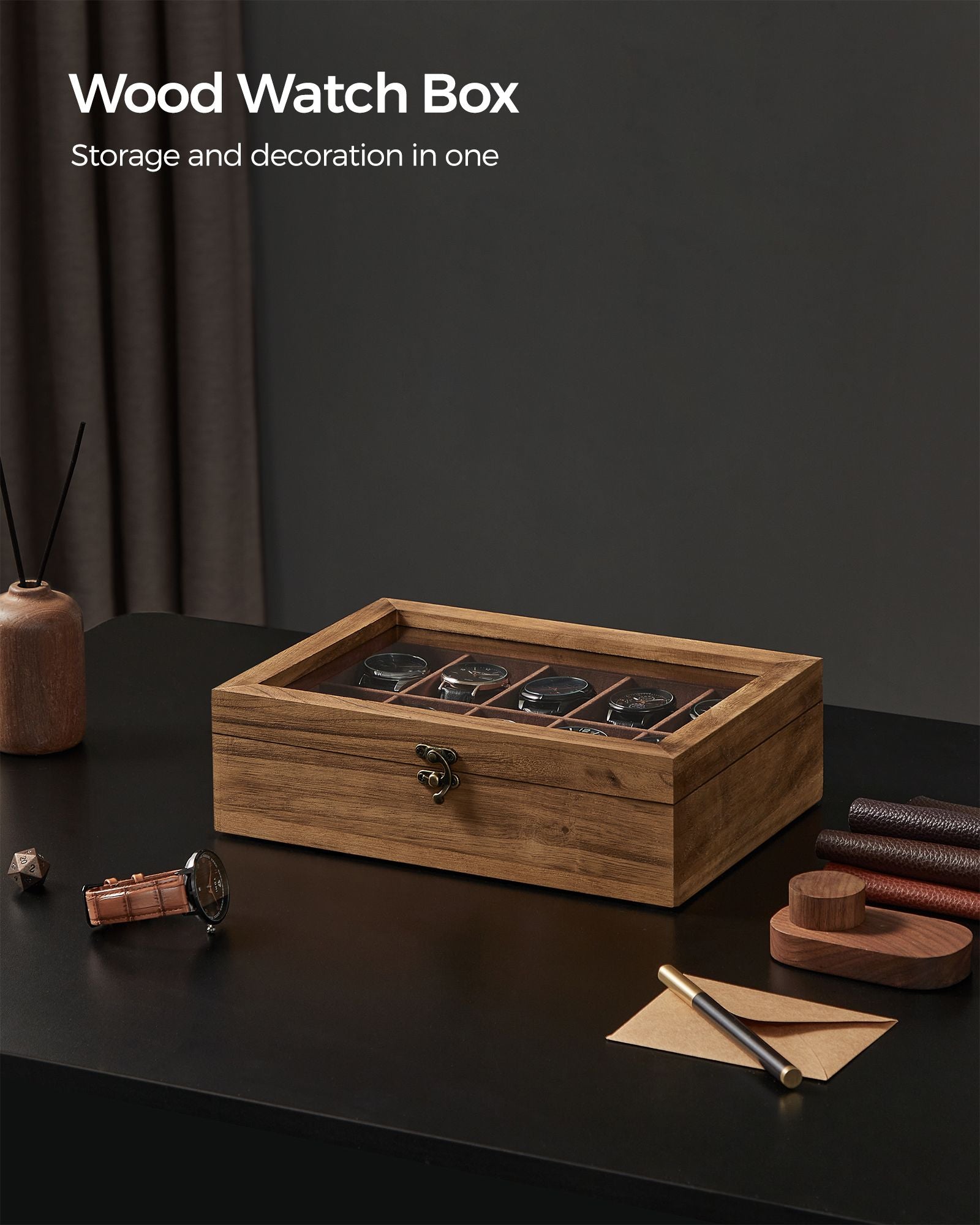 10-Slot Solid Wood Watch Box with Glass Lid - HWLEXTRA 