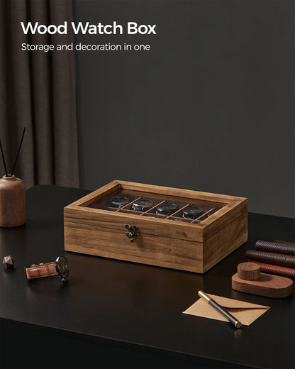 10-Slot Solid Wood Watch Box with Glass Lid - HWLEXTRA 