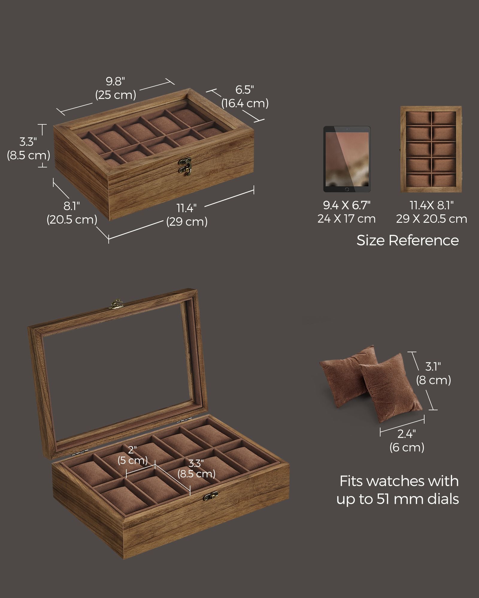 10-Slot Solid Wood Watch Box with Glass Lid - HWLEXTRA 