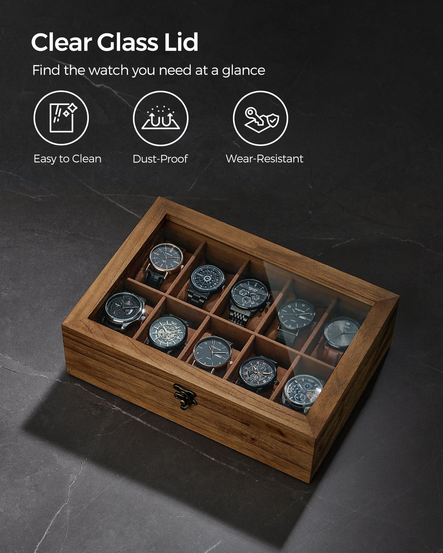 10-Slot Solid Wood Watch Box with Glass Lid - HWLEXTRA 