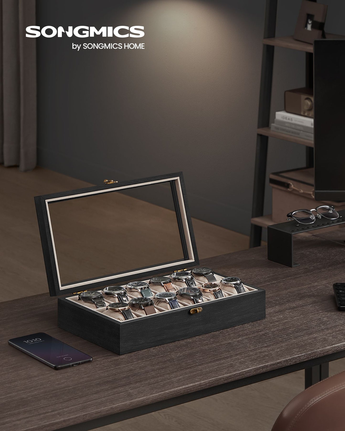 12-Slot Solid Wood Watch Box with Glass Lid