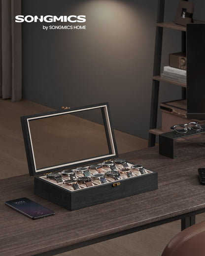 12-Slot Solid Wood Watch Box with Glass Lid