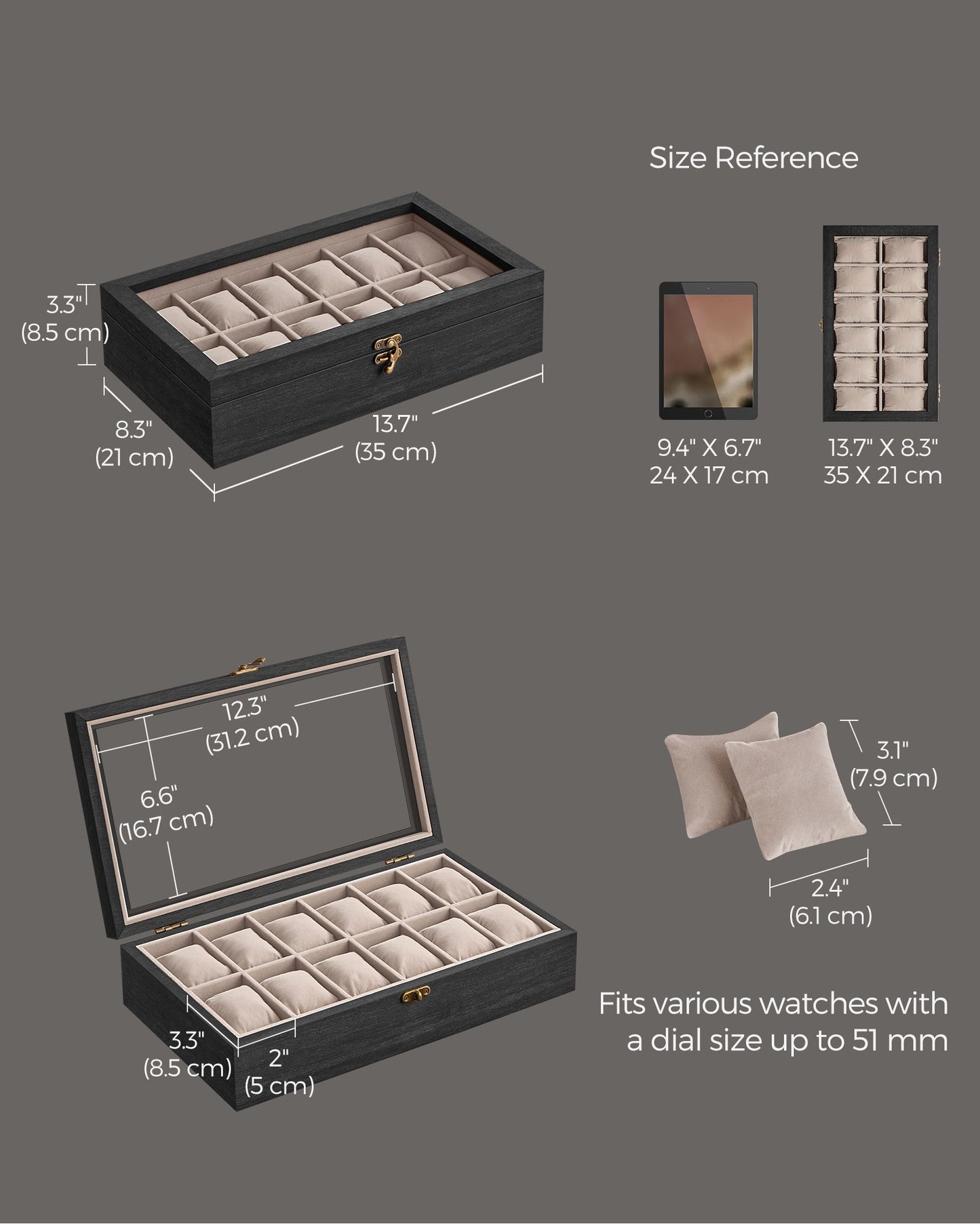 12-Slot Solid Wood Watch Box with Glass Lid