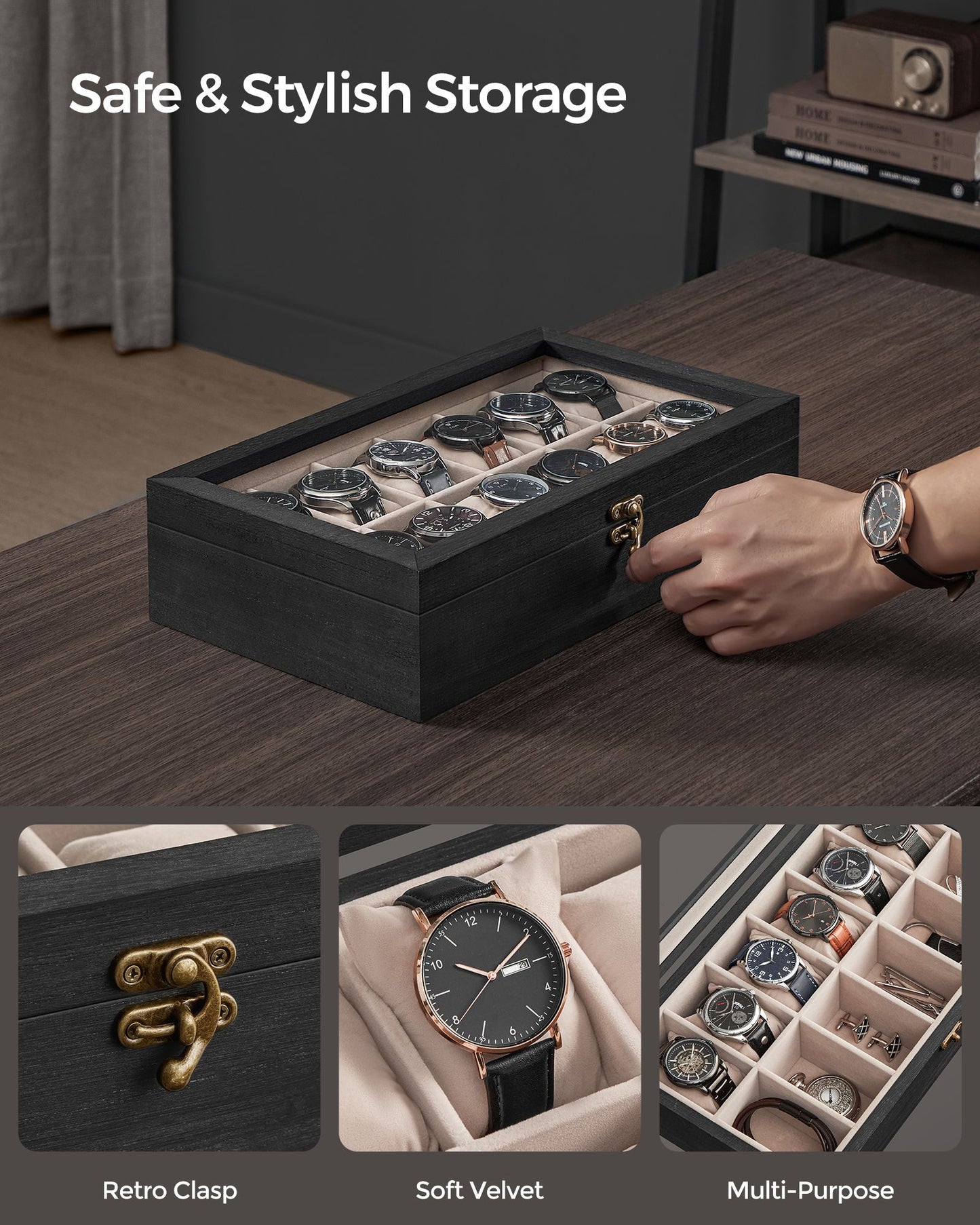12-Slot Solid Wood Watch Box with Glass Lid