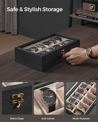 12-Slot Solid Wood Watch Box with Glass Lid