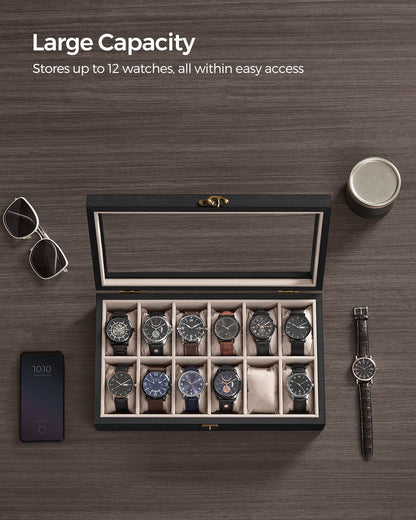12-Slot Solid Wood Watch Box with Glass Lid