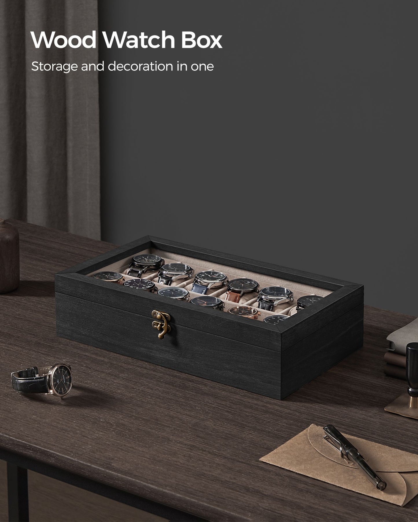 12-Slot Solid Wood Watch Box with Glass Lid