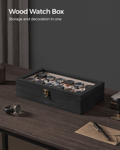 12-Slot Solid Wood Watch Box with Glass Lid