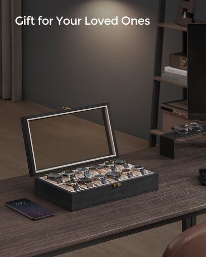 12-Slot Solid Wood Watch Box with Glass Lid