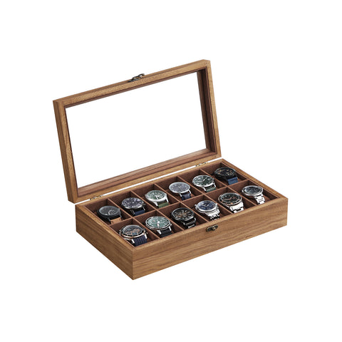 12-Slot Solid Wood Watch Box with Glass Lid
