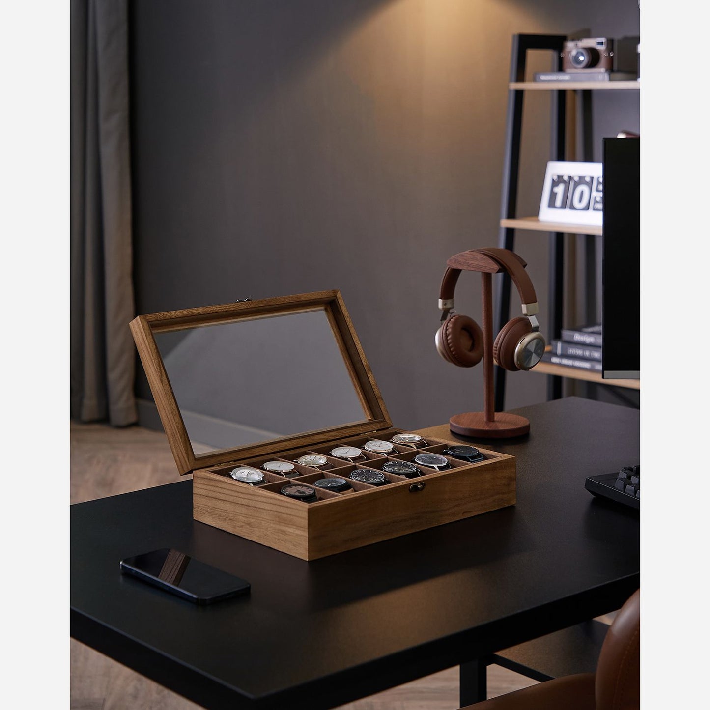12-Slot Solid Wood Watch Box with Glass Lid
