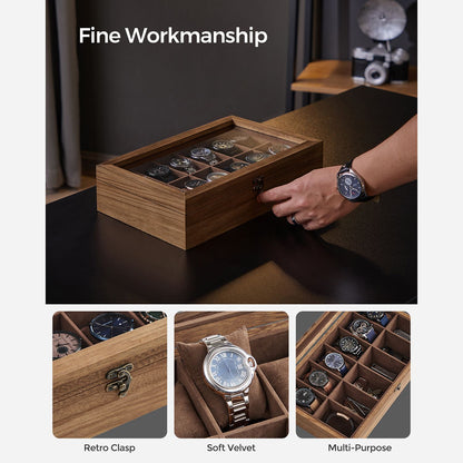 12-Slot Solid Wood Watch Box with Glass Lid