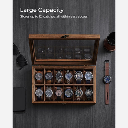 12-Slot Solid Wood Watch Box with Glass Lid