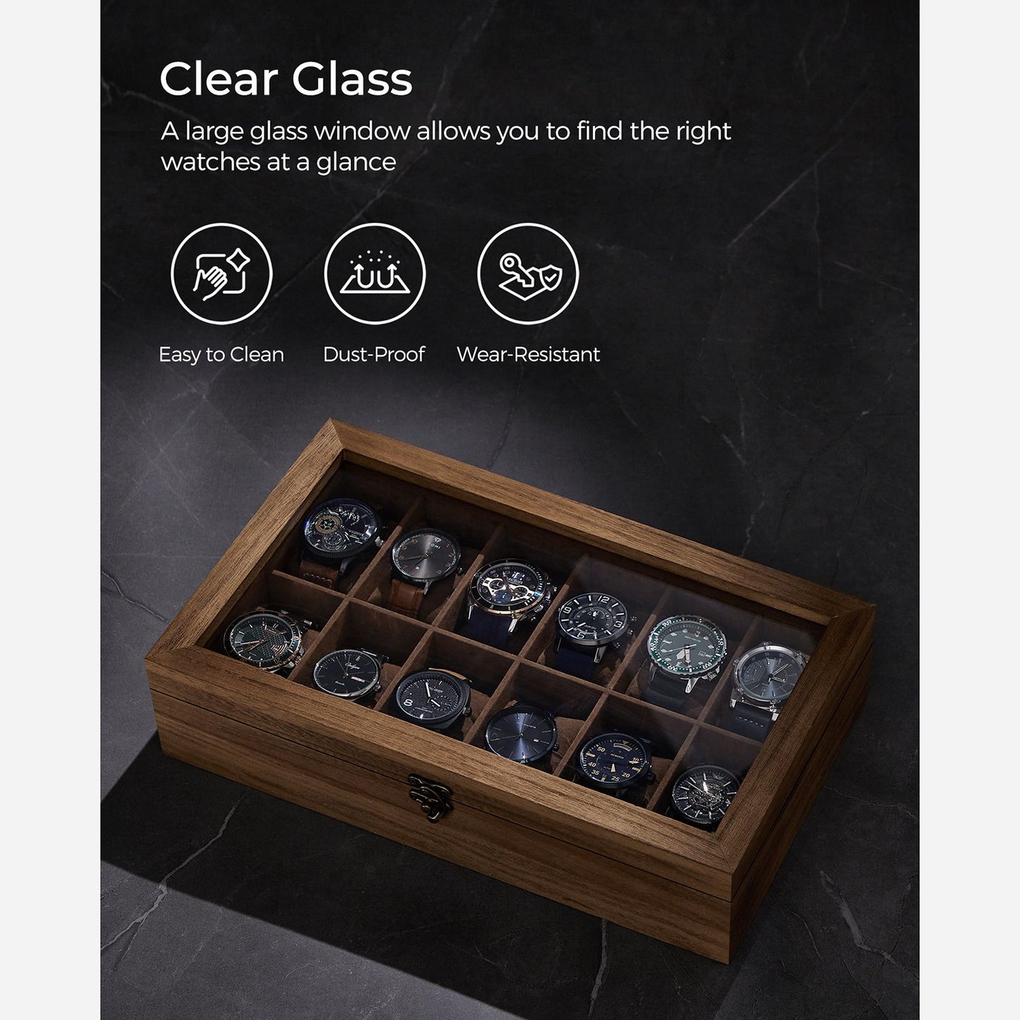 12-Slot Solid Wood Watch Box with Glass Lid