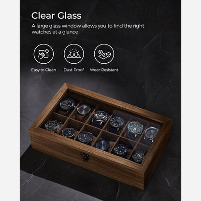 12-Slot Solid Wood Watch Box with Glass Lid