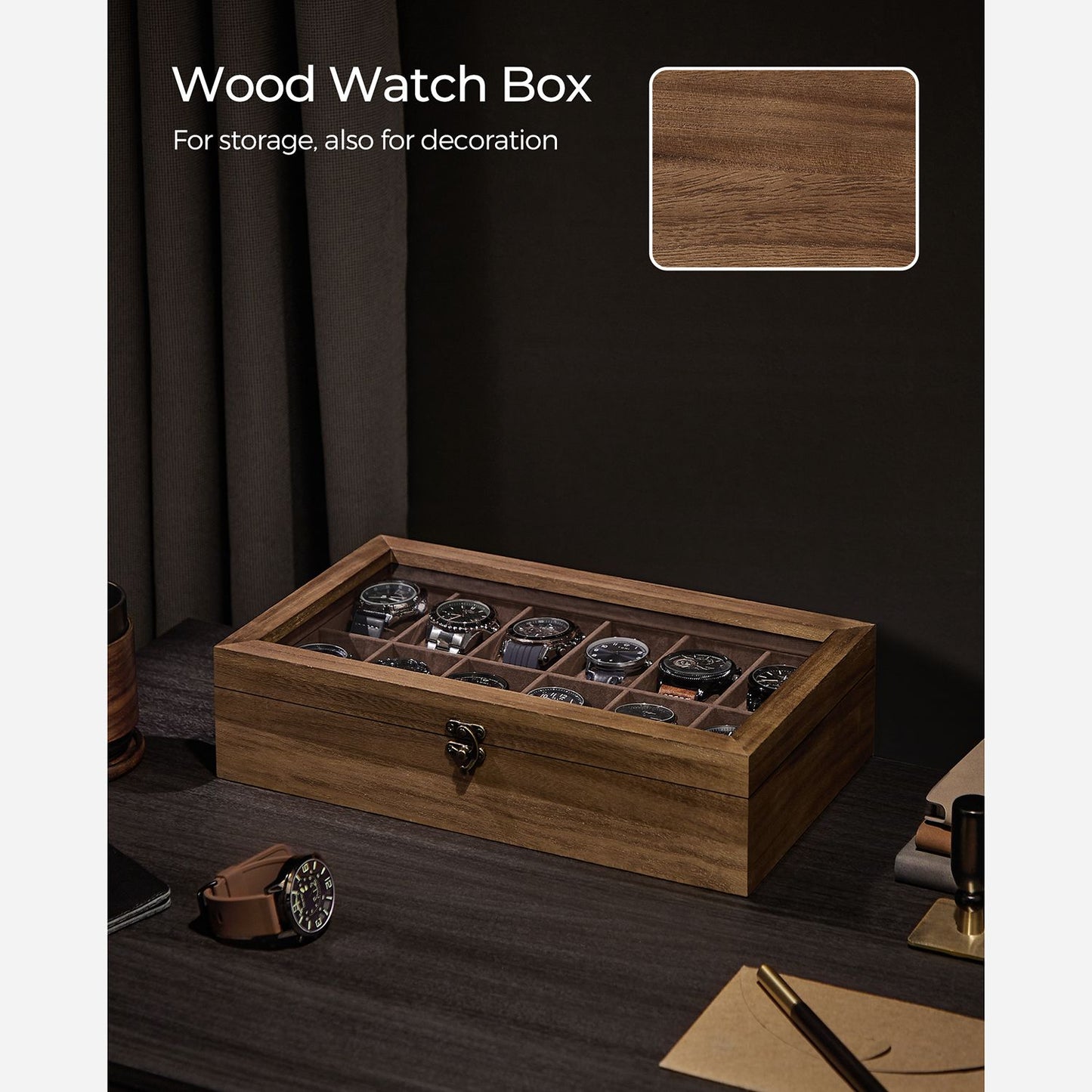 12-Slot Solid Wood Watch Box with Glass Lid