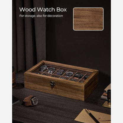 12-Slot Solid Wood Watch Box with Glass Lid