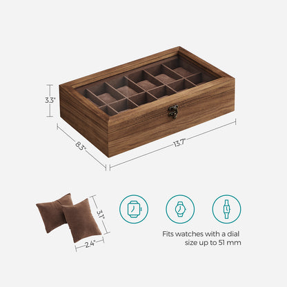 12-Slot Solid Wood Watch Box with Glass Lid
