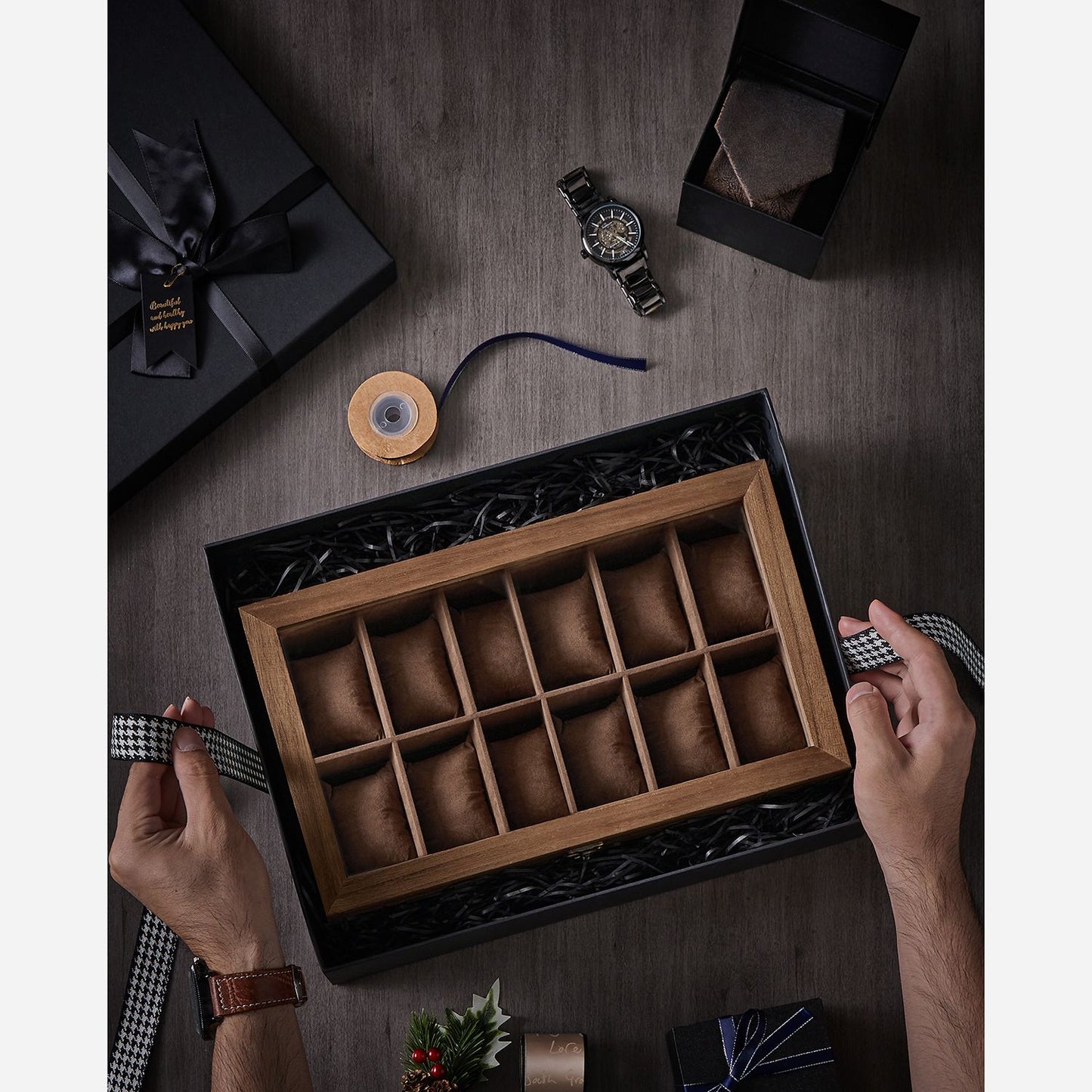12-Slot Solid Wood Watch Box with Glass Lid