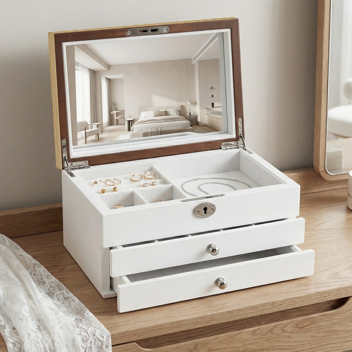 3-Tier Jewellery Box, Jewellery Storage Organiser with Large Mirror, 2 Drawers - image 5