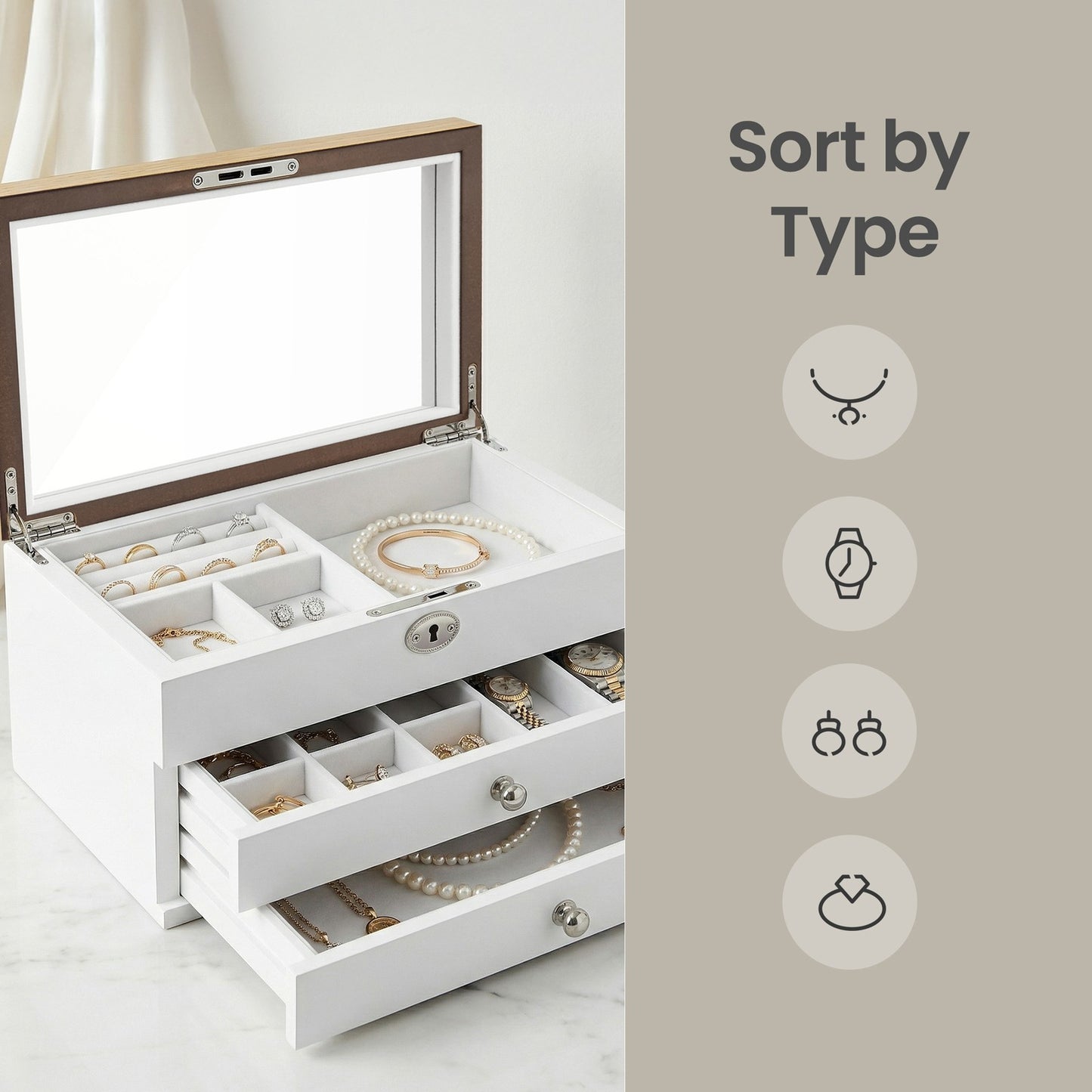 3-Tier Jewellery Box, Jewellery Storage Organiser with Large Mirror, 2 Drawers - image 6