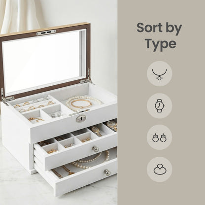 3-Tier Jewellery Box, Jewellery Storage Organiser with Large Mirror, 2 Drawers - image 6