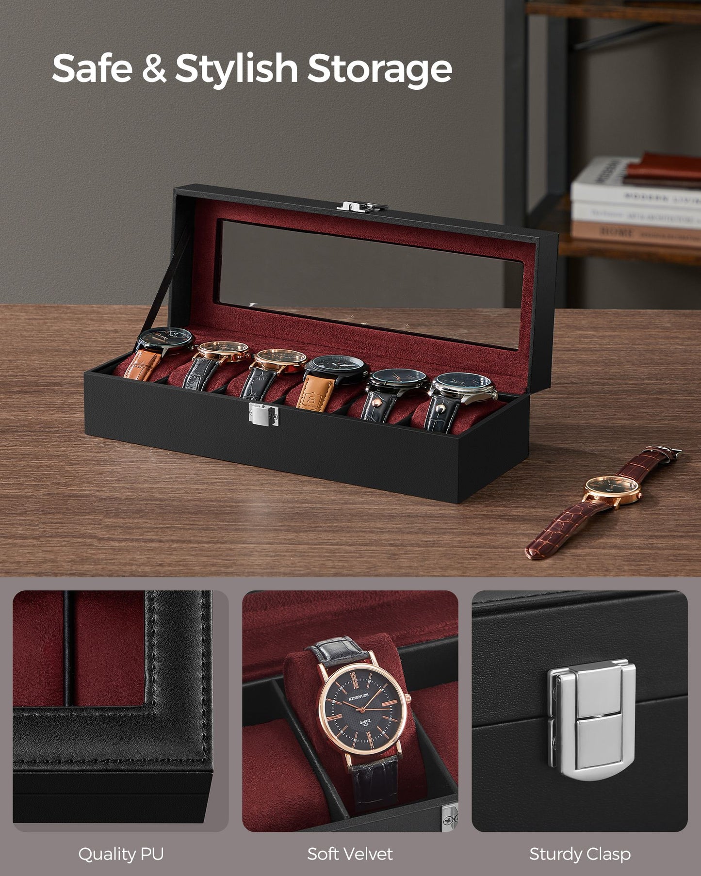 6-Slot Watch Case with Large Glass Lid