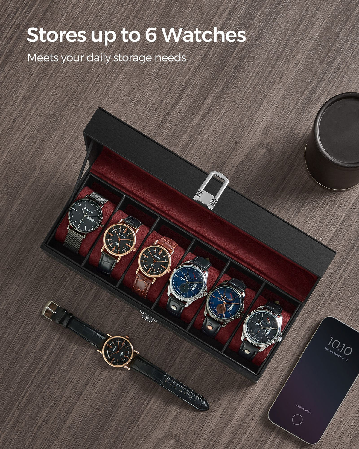 6-Slot Watch Case with Large Glass Lid