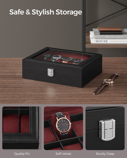 10-Slot Watch Case with Large Glass Lid