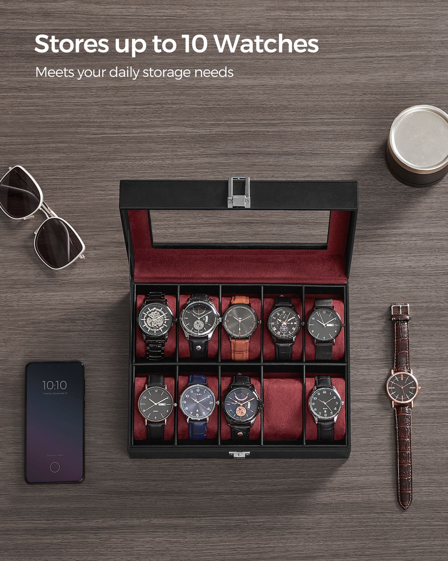 10-Slot Watch Case with Large Glass Lid
