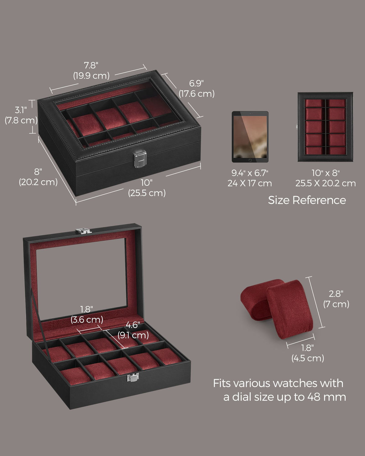 10-Slot Watch Case with Large Glass Lid