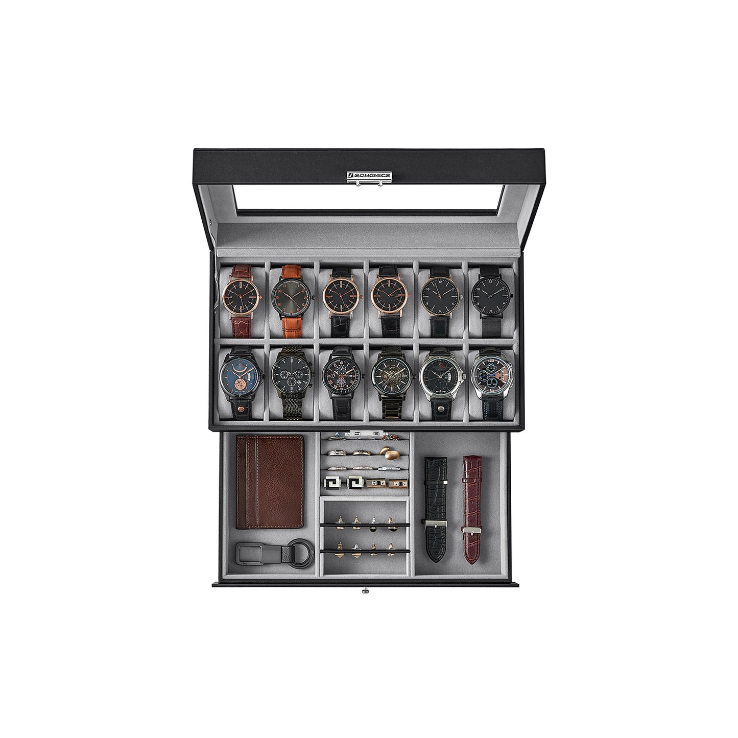 Watch Box 12 Mens Watch Organizer Jewelry Display Case with Lock and Keys Black - HWLEXTRA 