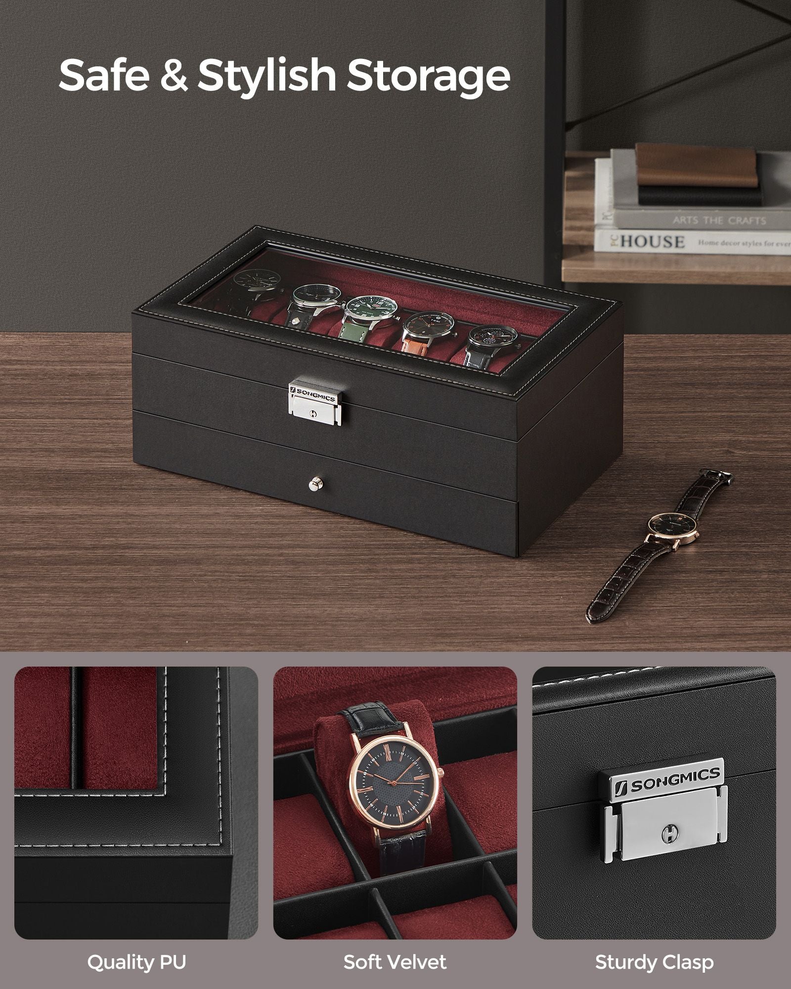 12-Slot Watch Box with Glass Lid - HWLEXTRA 
