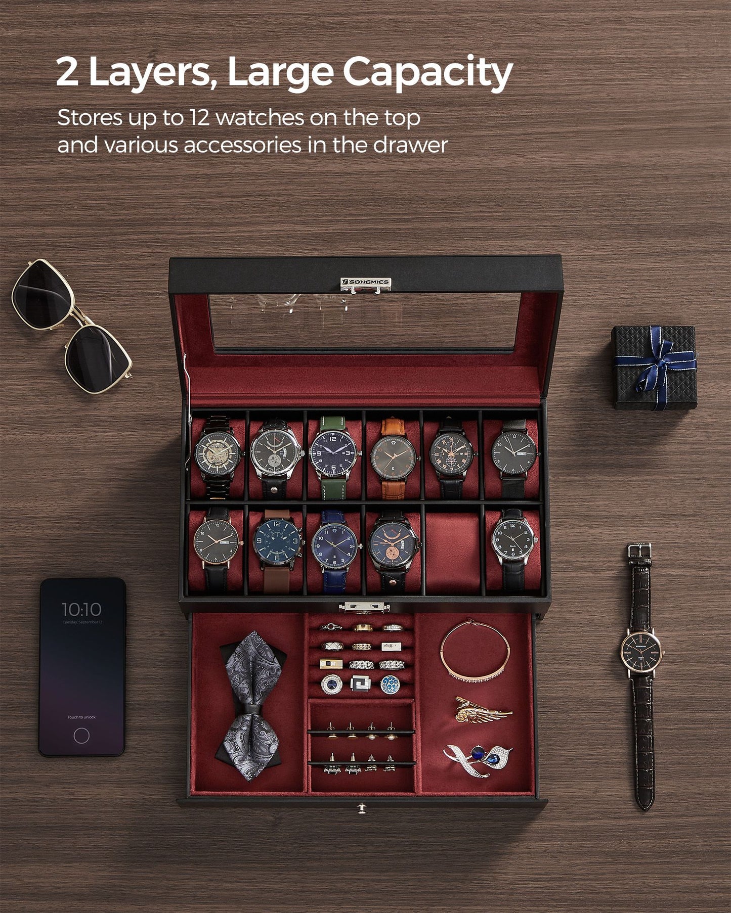 12-Slot Watch Box with Glass Lid - HWLEXTRA 