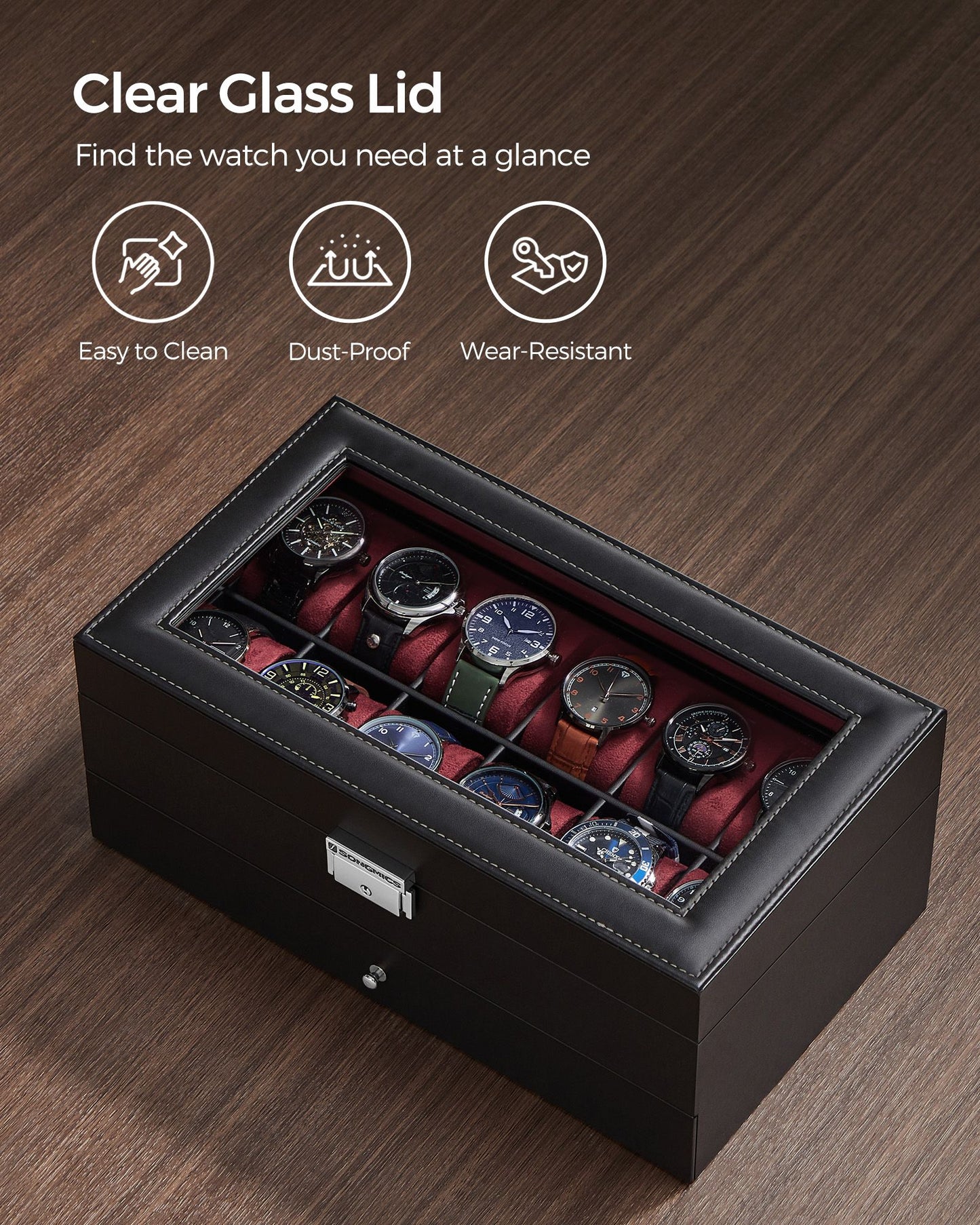 12-Slot Watch Box with Glass Lid - HWLEXTRA 