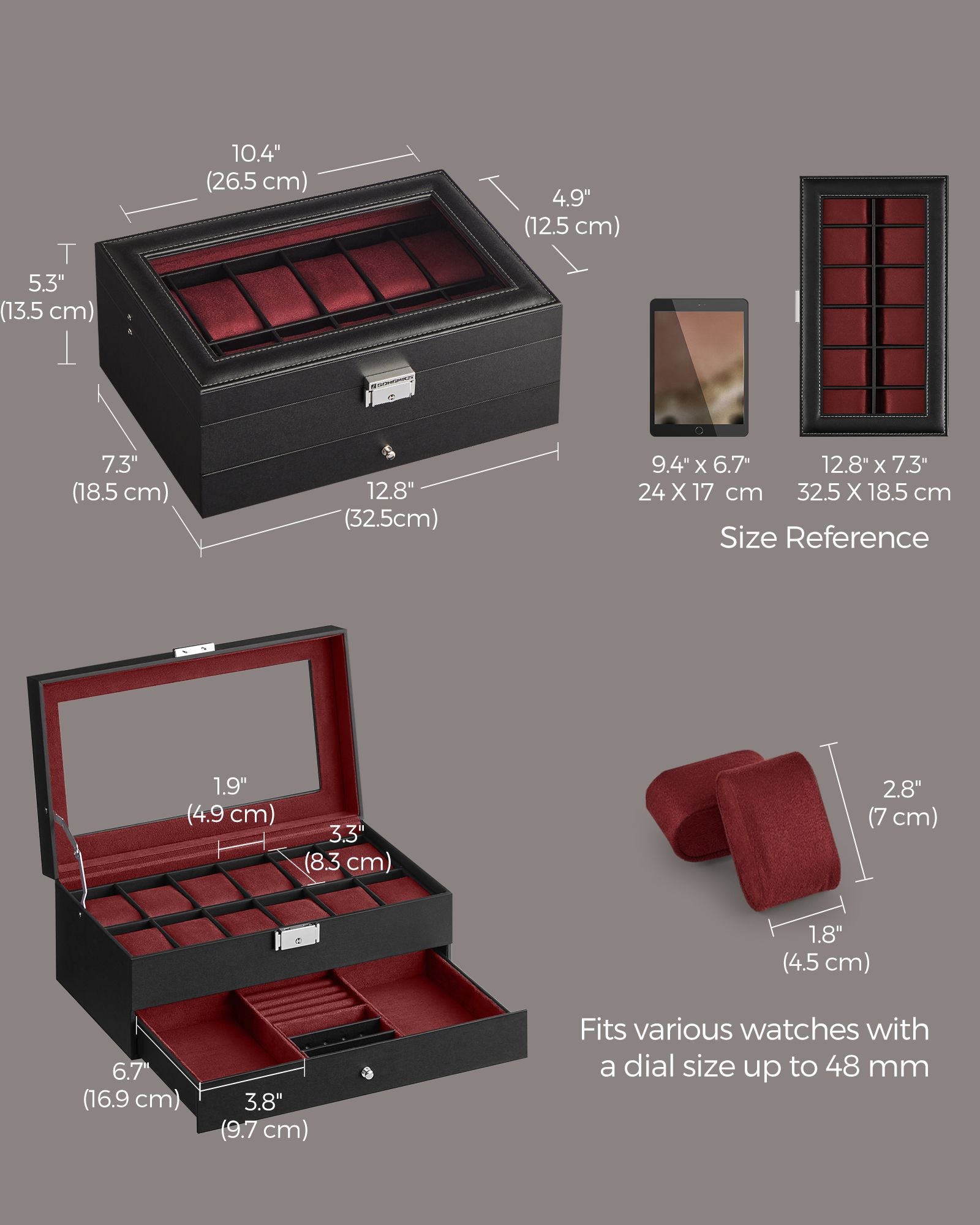 12-Slot Watch Box with Glass Lid - HWLEXTRA 