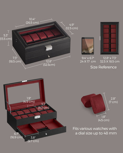 12-Slot Watch Box with Glass Lid - HWLEXTRA 
