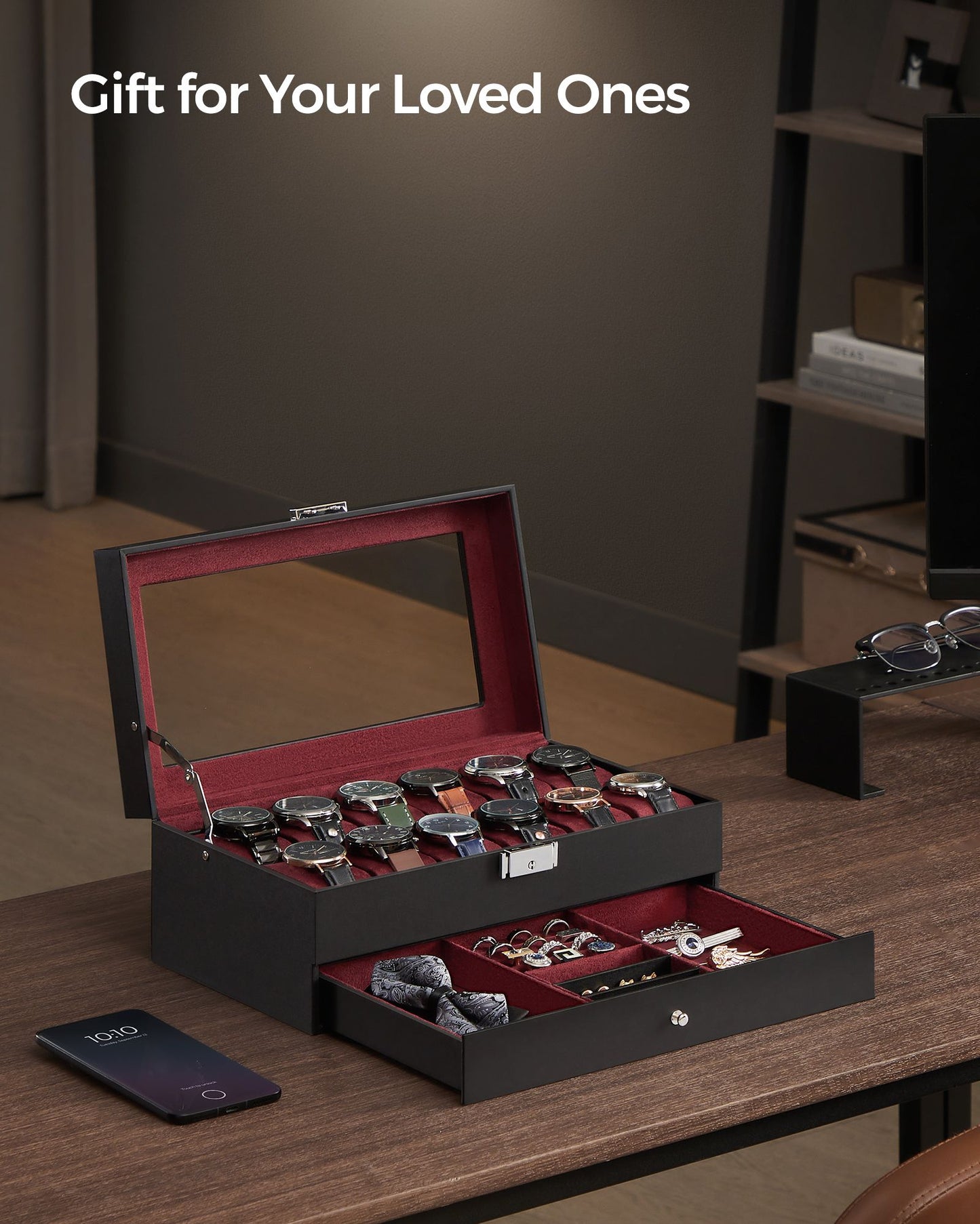 12-Slot Watch Box with Glass Lid - HWLEXTRA 