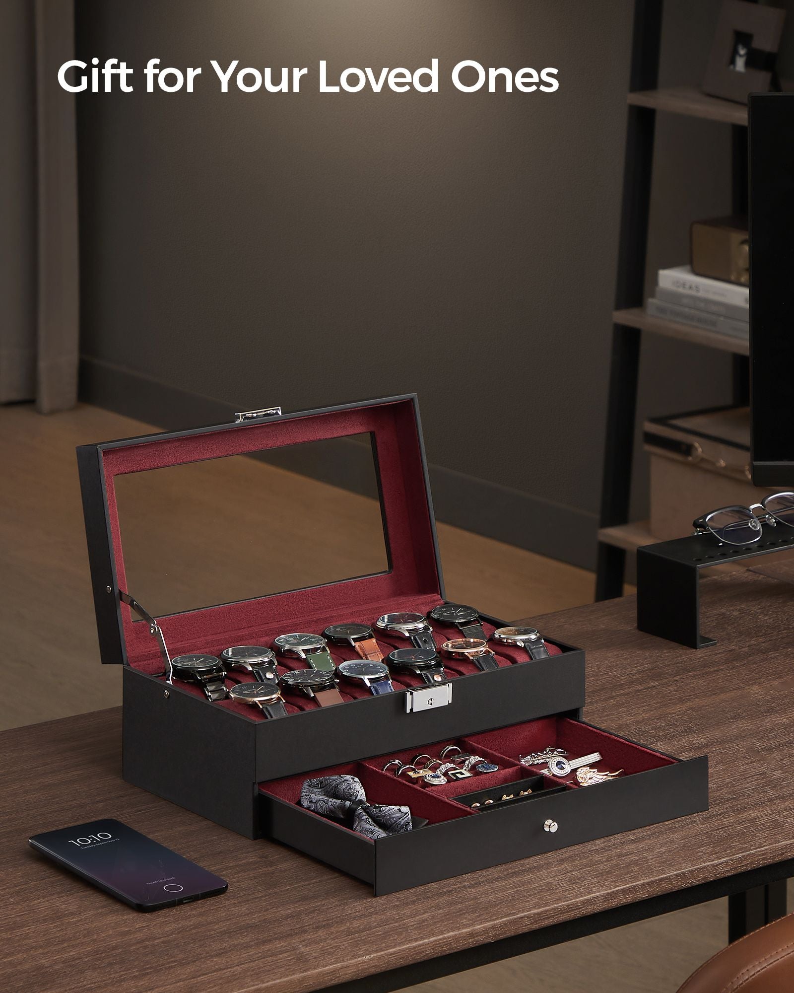 12-Slot Watch Box with Glass Lid - HWLEXTRA 