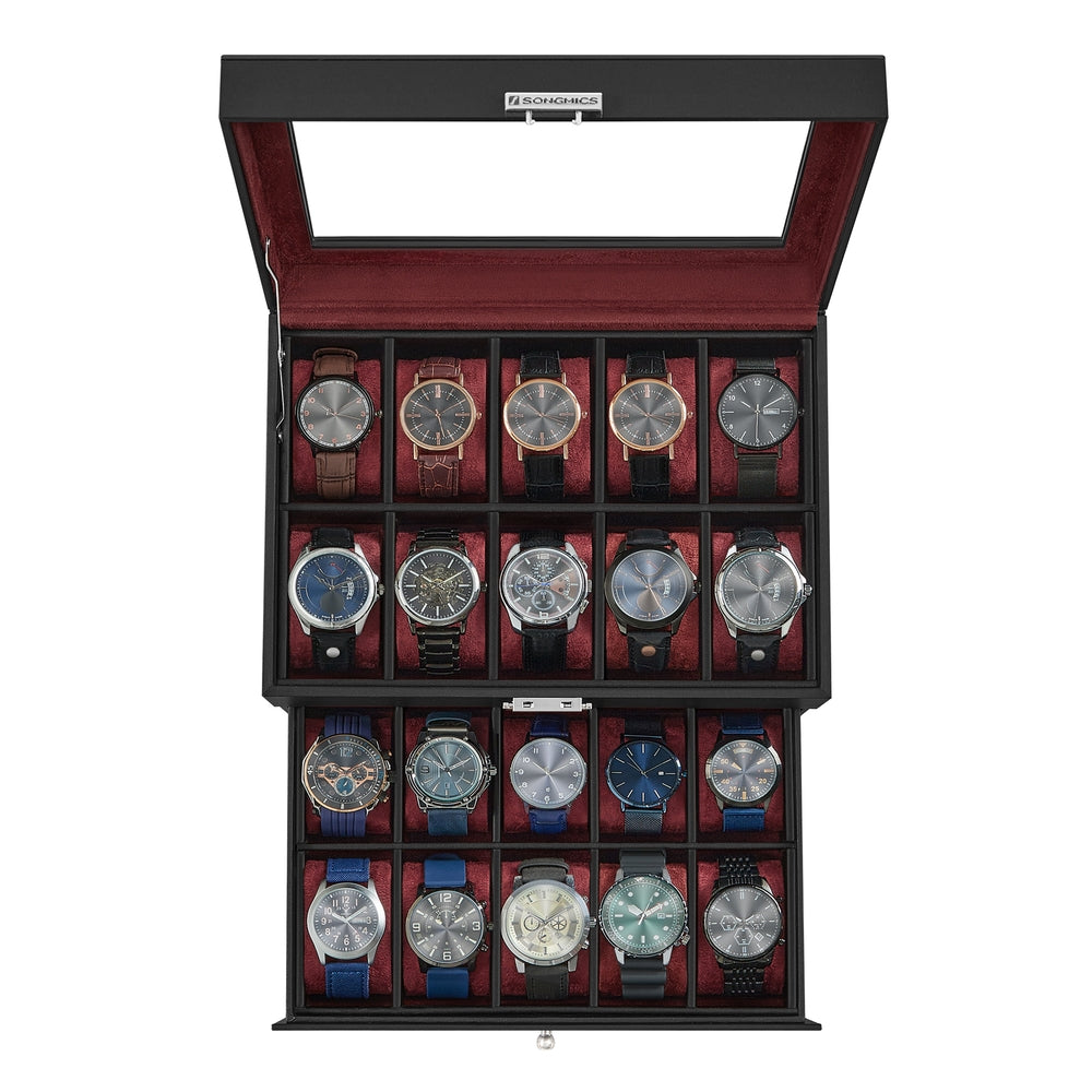 Black and Wine Red Two-Tier Watch Box — 20 Slots - image 1