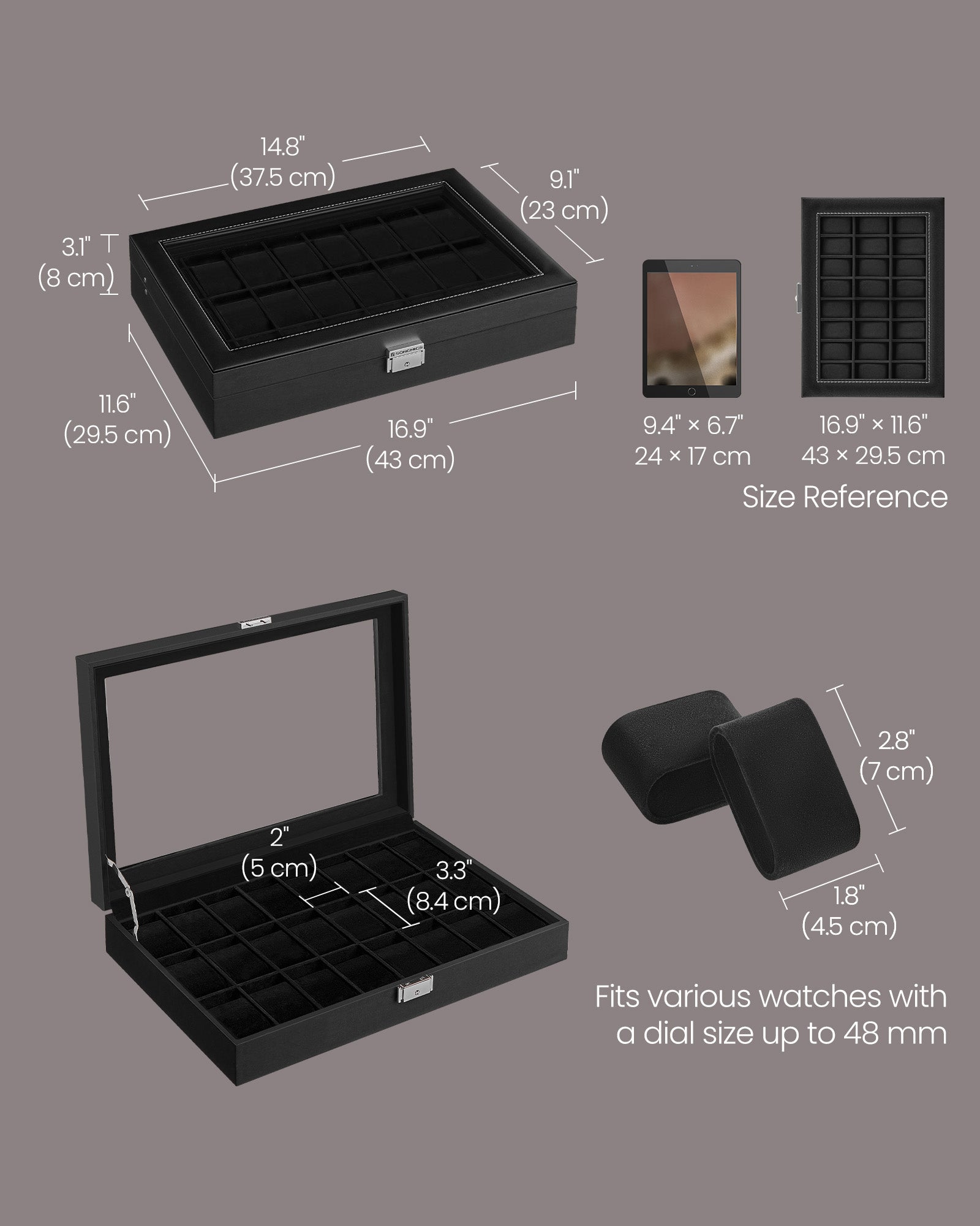 24-Slot Watch Box, Watch Organizer with Glass Lid 1-Tier Display case, PU Leather, 17.1 x 11.5 x 3.1 Inches - image 2