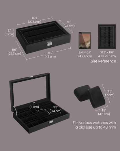 24-Slot Watch Box, Watch Organizer with Glass Lid 1-Tier Display case, PU Leather, 17.1 x 11.5 x 3.1 Inches - image 2